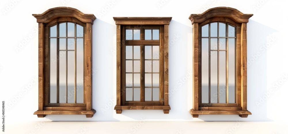 Rendering of three clean wood windows isolated on white wall in 3D Rendering of three clean wood windows isolated on white wall in 3D
