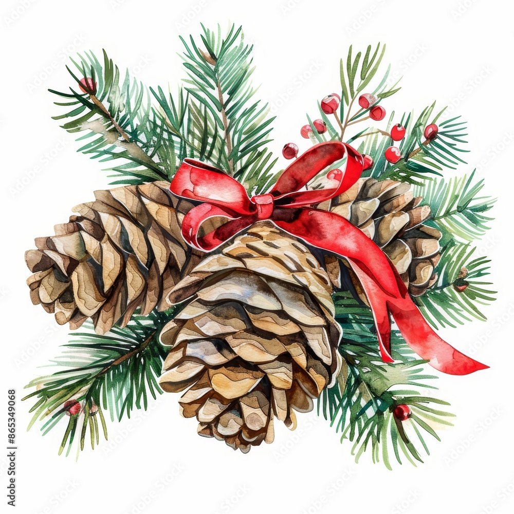 Fototapeta premium With cones, a red bow, and spruce branches, this watercolor arrangement evokes the spirit of Christmas.