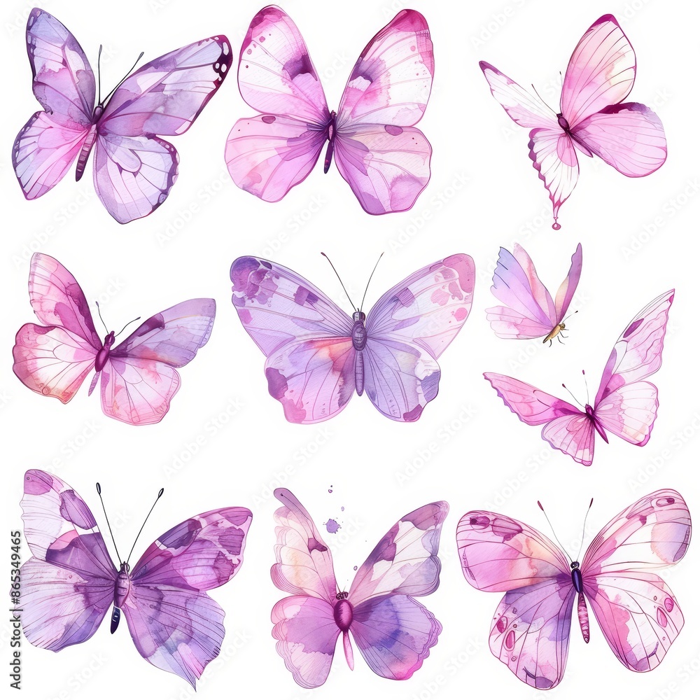 Fototapeta premium Bright pink hand painted watercolor butterflies.