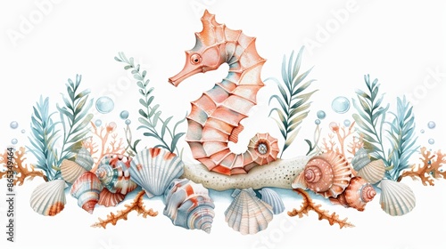The subject is a watercolor arrangement of seahorses, seashells, and algae. The illustration is hand drawn. The client can design wall drawings, wedding invitations, fabrics, covers, postcards, and