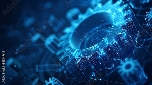 In the digital realm, a meticulously detailed vector wireframe representation of a gear emerges against a deep blue backdrop, symbolizing the intricacies of mechanical engineering and innovation