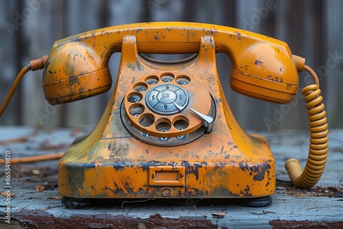 A vintage, rusty orange telephone with a rotary dial sits on an old, weathered wooden table, evoking a sense of nostalgia and history from a bygone era. photo