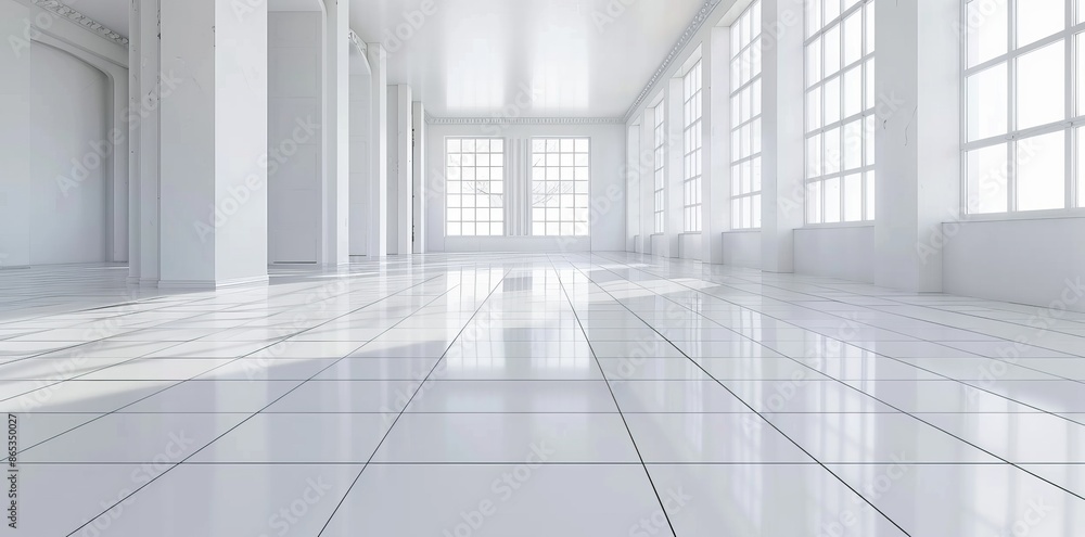 Fototapeta premium In this rendering, the white tile floor is shown in a perspective view, along with the empty space in the room, the window, and light. This is a modern interior home design that features a bright,