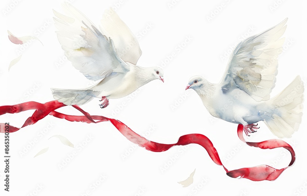 Obraz premium Flying doves with a red ribbon. Peace symbol illustration. Watercolor modern hand painted illustration. Great for weddings, greetings, wallpaper, and decoration.