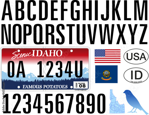 IDAHO car license plate style pattern, letters, numbers and symbols, vector illustration, USA
