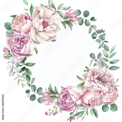 Decorative watercolor round floral frame with dusty pink roses flowers and eucalyptus leaves. Suitable for wedding stationary, wallpapers, fashion, fabric, and home decor.