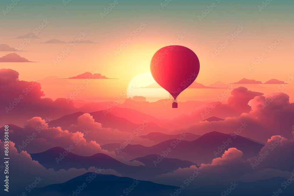 Red hot air balloon over mountains at sunrise colorful sky concept Red hot air balloon over mountains at sunrise colorful sky concept