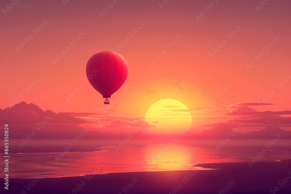 Obraz premium Hot air balloon at sunset over serene ocean, tranquil flight, breathtaking view, sunset flight concept