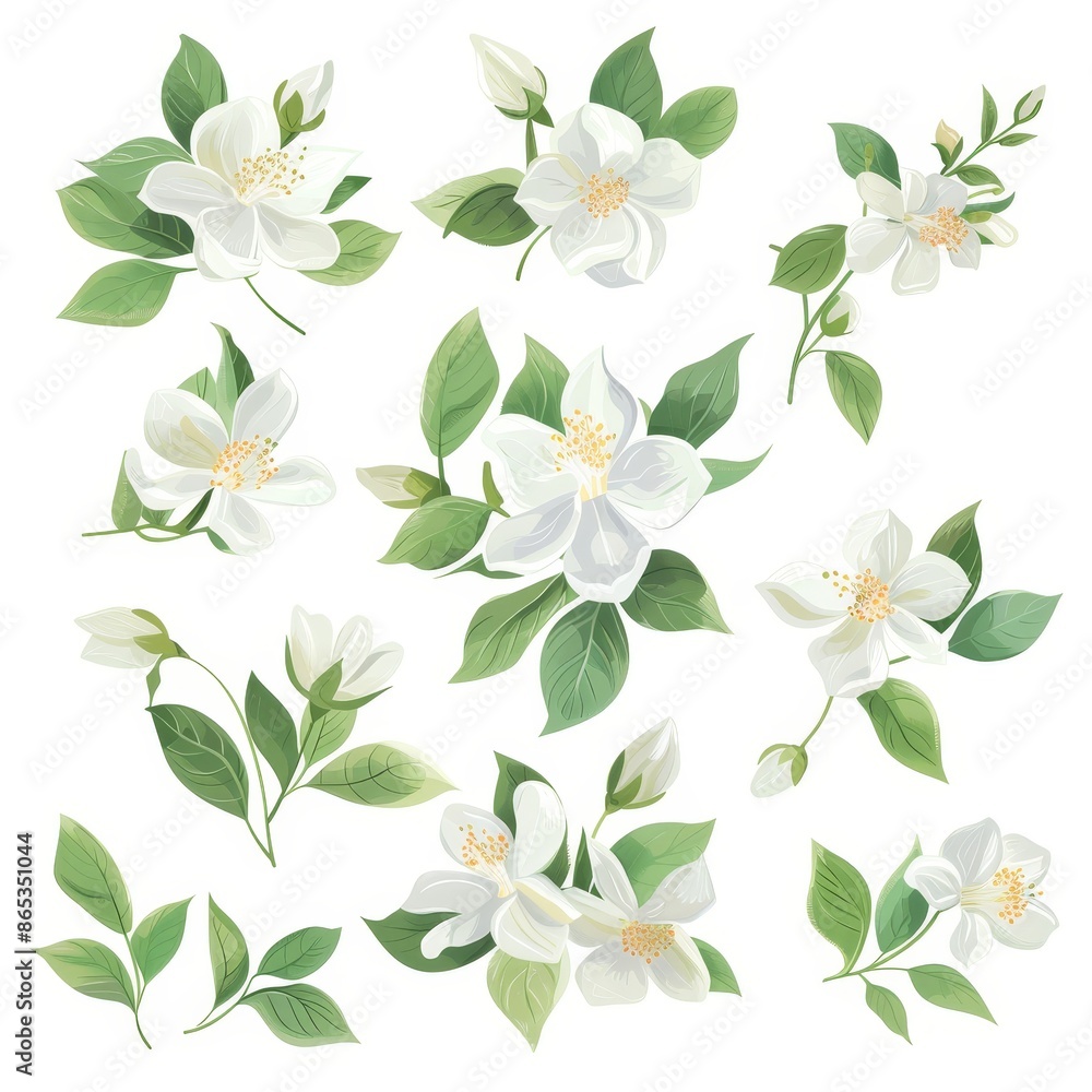 A watercolor of flowers and branches, isolated on white, of Jasmine. A watercolor of flowers and branches, isolated on white, of Jasmine.