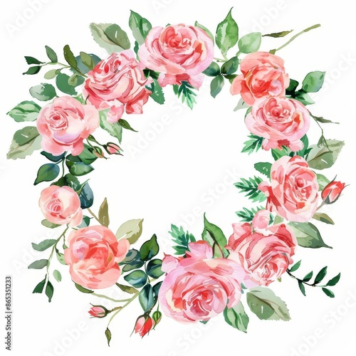 A watercolor wreath of green branches and roses.