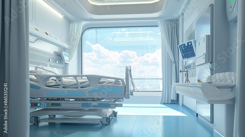 The 3D rendering of a recovery room showing separate medical beds separated from one another by nylon curtains