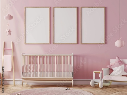 A three-poster frame mockup in a child's room with an oval crib rendered in 3D