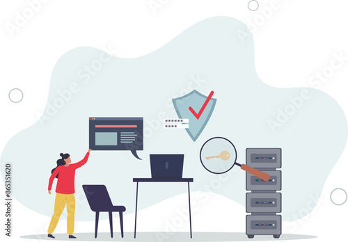 Cybersecurity and data protection with safe prevention.Computer and virtual online technology encryption system with password and firewall.flat illustration