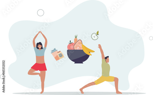 Food diet for slimming, gym muscle growth or fitness energy with vegetables, meat and fruits products.flat illustration.