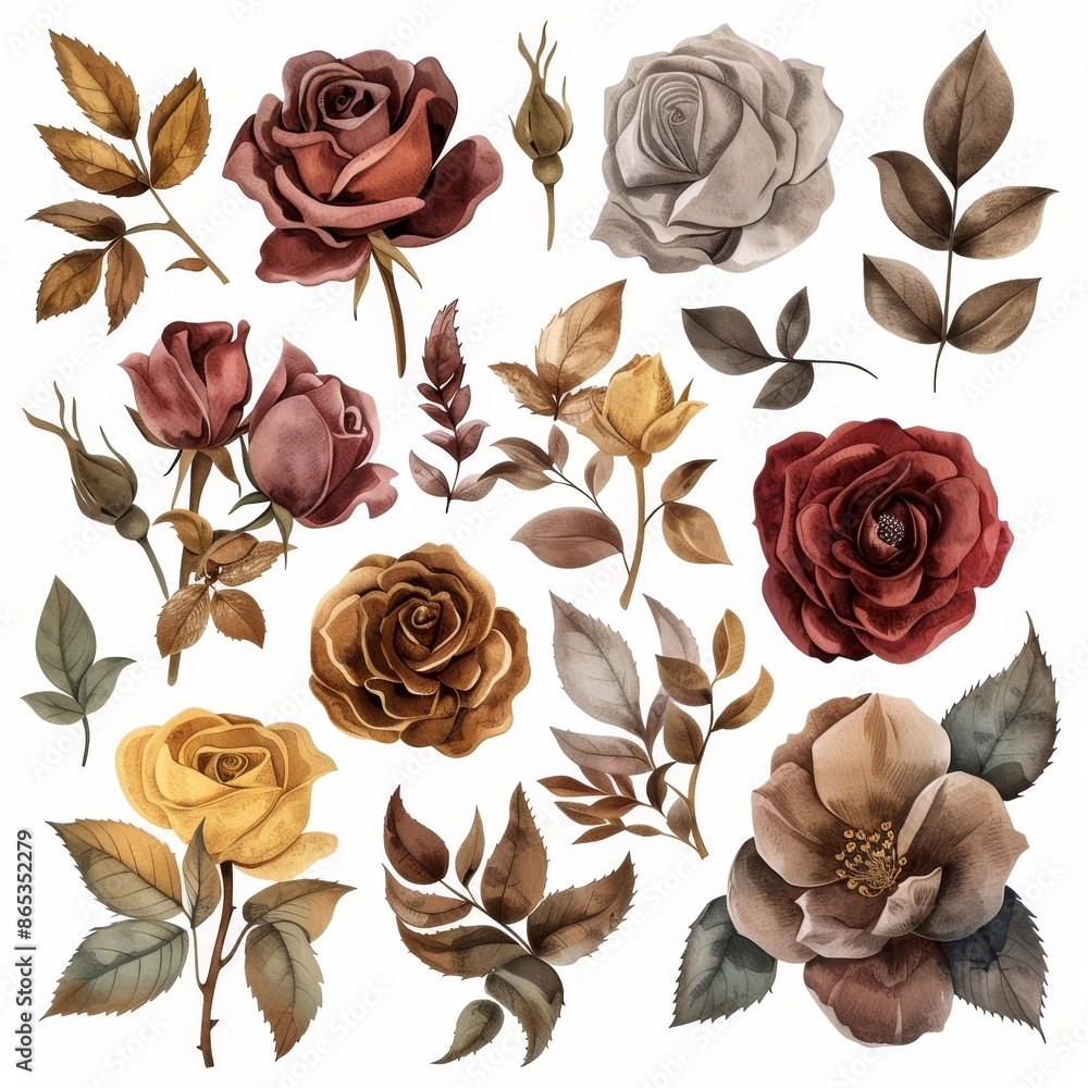 Isolated on a white background, watercolor modern autumn set with roses and leaves. Isolated on a white background, watercolor modern autumn set with roses and leaves.