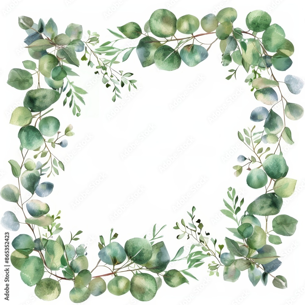 A watercolor square wreath with eucalyptus leaves. A watercolor square wreath with eucalyptus leaves.