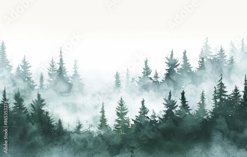 An abstract watercolor landscape with fir trees depicting a modern winter forest landscape.