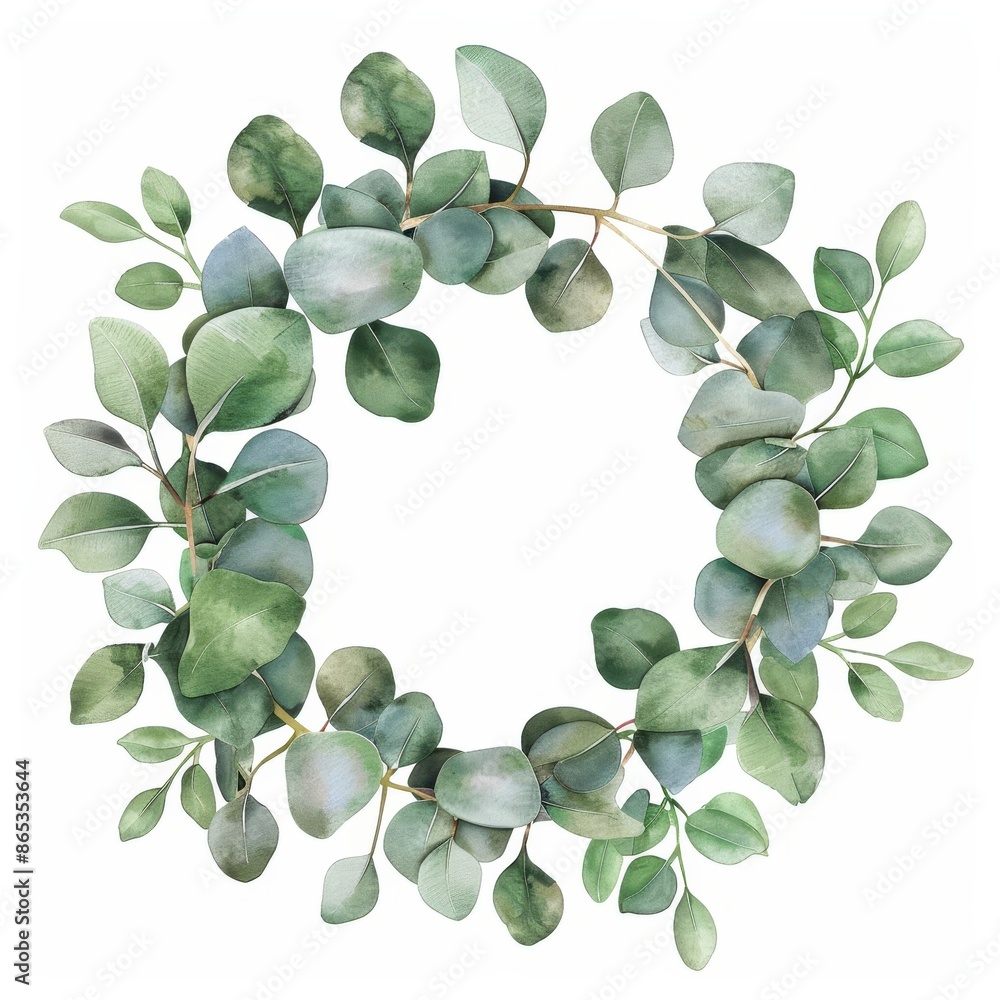 The wreath is created using watercolors and leaves and branches of eucalyptus. The wreath is created using watercolors and leaves and branches of eucalyptus.