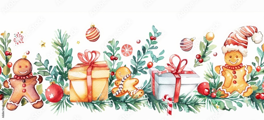 In watercolor, this modern card features a gift box, Christmas balls, garland, and fir branches. In watercolor, this modern card features a gift box, Christmas balls, garland, and fir branches.