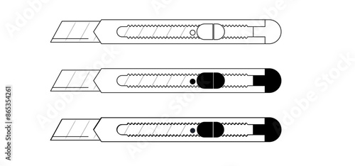 Break off knife. Cartoon cutter knives. retractable blade or knife. Paper or cardboard cutter. Work, school tools. break off blade concept. Utility knife or jackknife. Spare blade for cutter. 