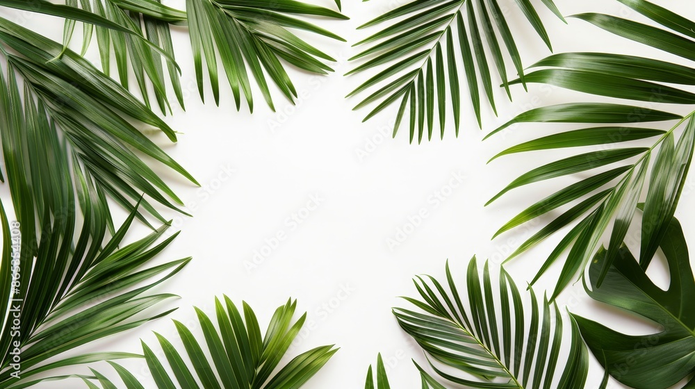 There is a palm tree leaf on the side of a large light pastel background. Beautiful composition with lots of white space for text or copy, clean and minimal top view wallpaper. There is a palm tree leaf on the side of a large light pastel background. Beautiful composition with lots of white space for text or copy, clean and minimal top view wallpaper.