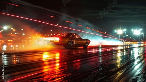 Nighttime Drag Racing - Classic Muscle Car with Motion Blur and Lights