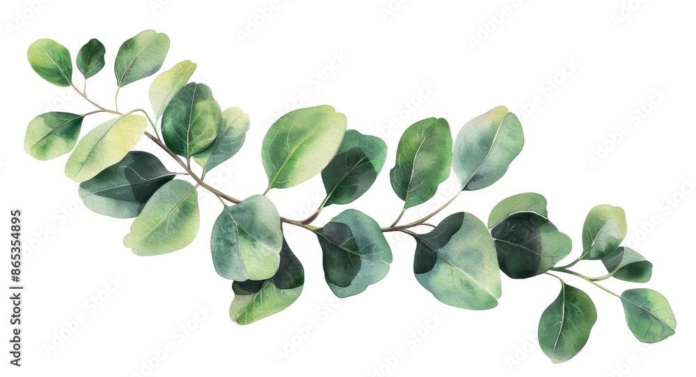 A watercolor image of an eucalyptus green twig. Perfect for wedding invitations, postcards, scrapbooking, stickers, packaging, greeting cards, and textile fabrics. A watercolor image of an eucalyptus green twig. Perfect for wedding invitations, postcards, scrapbooking, stickers, packaging, greeting cards, and textile fabrics.