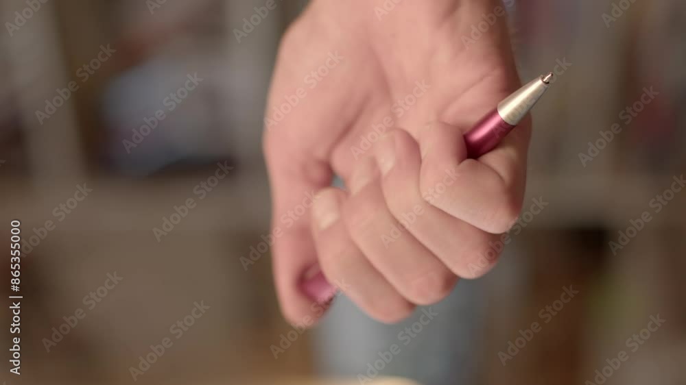Extension of the rod. Pressing the button allows you to extend the writing rod or, conversely, retract it to close the pen and prevent accidental contamination. A finger presses button writing pen. Extension of the rod. Pressing the button allows you to extend the writing rod or, conversely, retract it to close the pen and prevent accidental contamination. A finger presses button writing pen.
