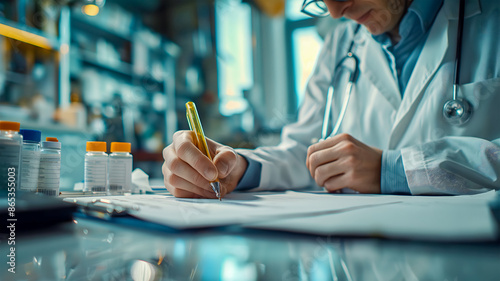 A medical worker or doctor makes notes in a notebook against the background of the bright interior of a modern hospital while sitting at his desk in his office