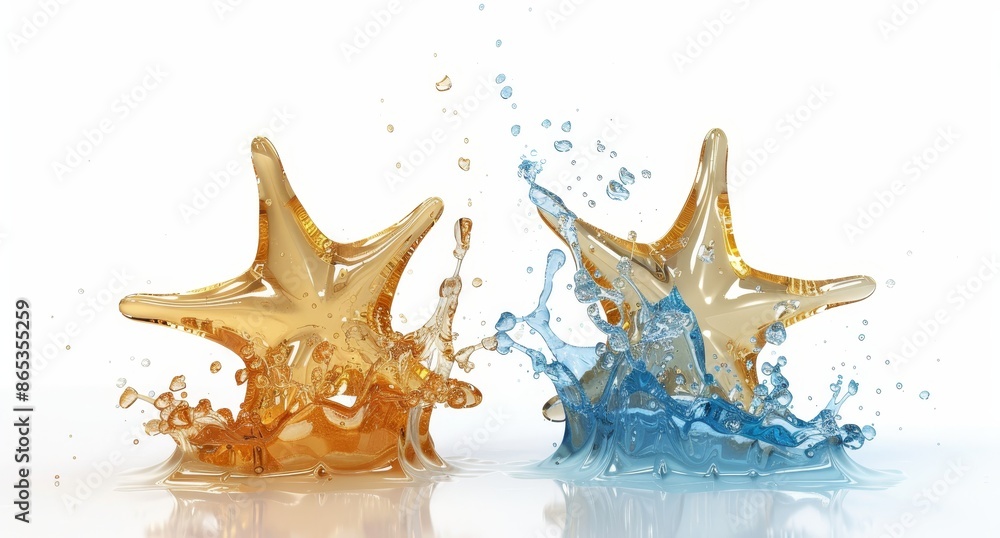 A star-shaped splash of water with golden olive oil or engine fuel oil, 3D illustration. A star-shaped splash of water with golden olive oil or engine fuel oil, 3D illustration.