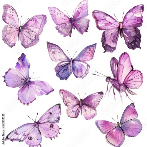 A watercolor set of bright pink butterflies painted by hand.