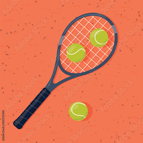 tennis racket and balls on a clay court - vector illustration