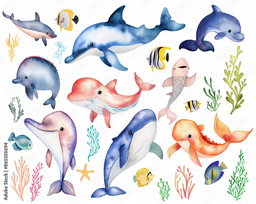 Watercolor set of cute fish and underwater animals for cute baby design Watercolor set of cute fish and underwater animals for cute baby design