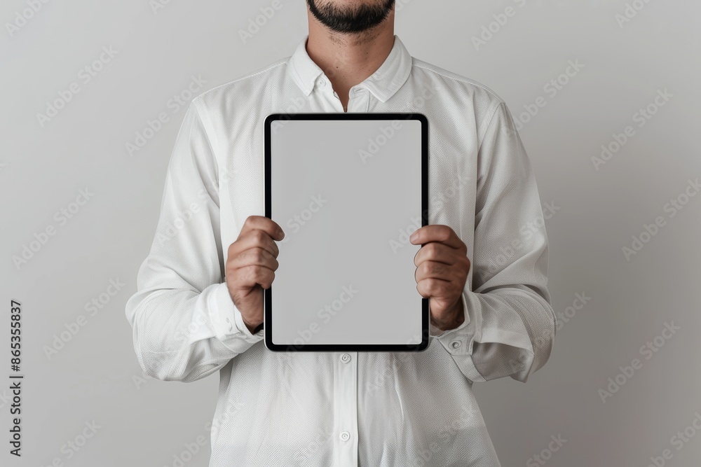 Display mockup from a shoulder angle of a adult man holding a tablet with a fully grey screen Display mockup from a shoulder angle of a adult man holding a tablet with a fully grey screen