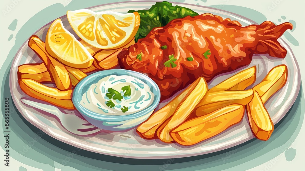 Savory hand-drawn fish and chips illustration for menus, posters, food packaging, Dish, Food, Illustration, Tasty, Men Savory hand-drawn fish and chips illustration for menus, posters, food packaging, Dish, Food, Illustration, Tasty, Men