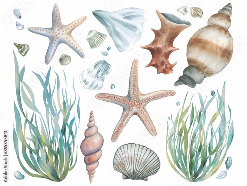 Watercolor set of cute underwater starfish, shell, and algae for cute baby design