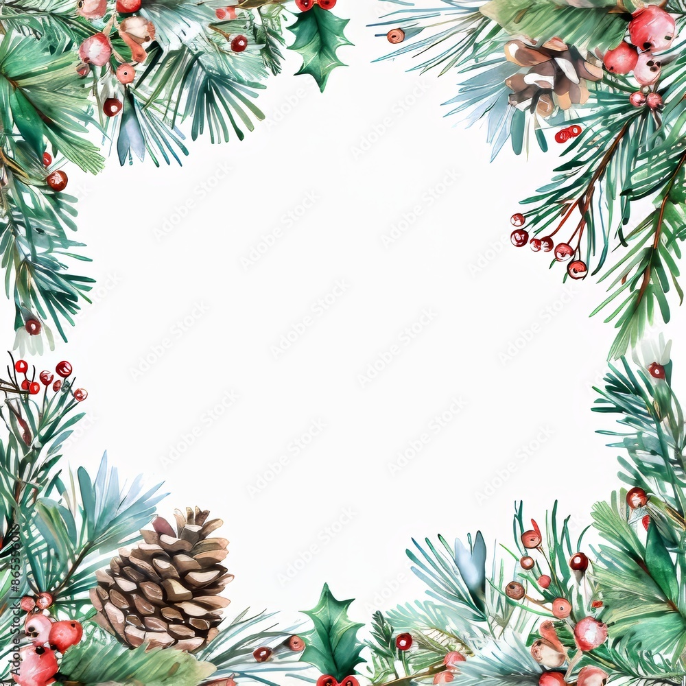 A watercolor modern Christmas square frame featuring fir branches, red berries, cones, a border and a wreath. A greeting card illustration for New Year's invitations. This illustration is hand drawn. A watercolor modern Christmas square frame featuring fir branches, red berries, cones, a border and a wreath. A greeting card illustration for New Year's invitations. This illustration is hand drawn.