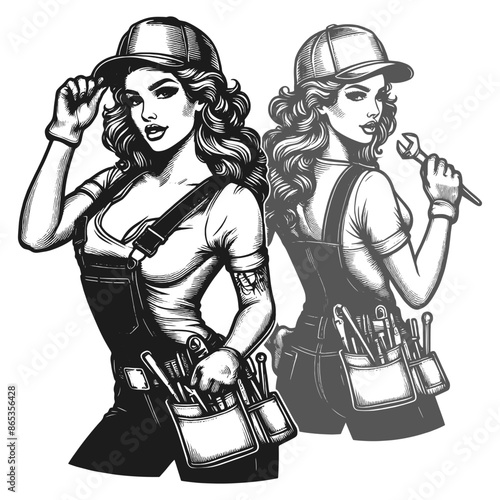 two retro female mechanics tool belts and caps, vintage style and empowerment sketch engraving generative ai fictional character vector illustration. Scratch board imitation. Black and white image.