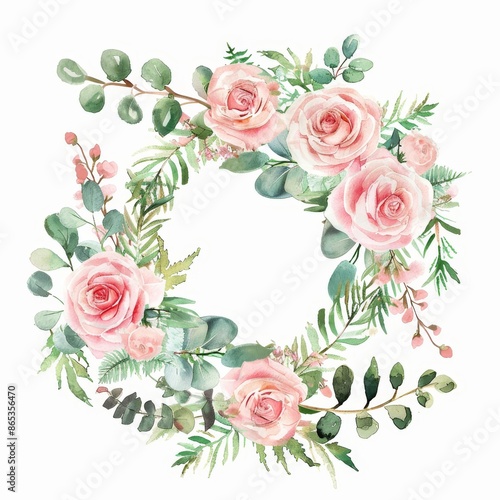 Colorful watercolor modern floral wreath. Dusty pink roses flowers and eucalyptus leaves. Foliage arrangement for wedding invitations, greetings, wallpapers, fashion, decoration.