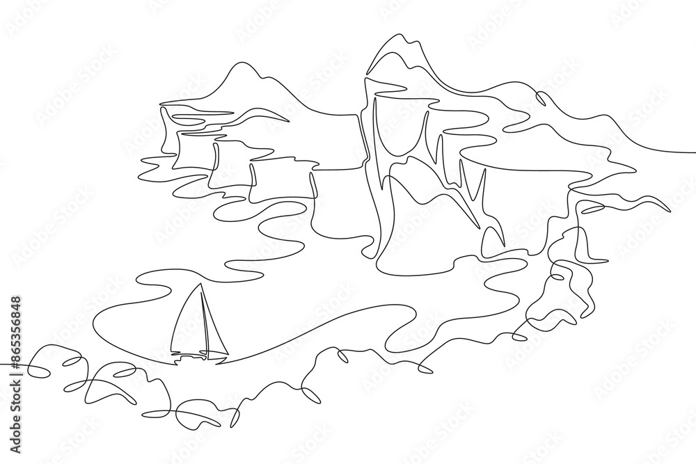 Cliff in the sea. Sea cliffs. Sailing yacht off the coast. Rocky shore. Bay in the ocean.One continuous line drawing on a white isolated background. Minimalism linear illustration. Cliff in the sea. Sea cliffs. Sailing yacht off the coast. Rocky shore. Bay in the ocean.One continuous line drawing on a white isolated background. Minimalism linear illustration.