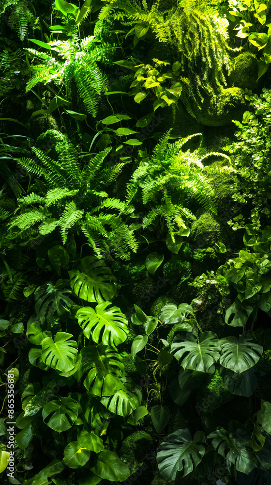 Fototapeta premium Vertical indoor garden with diverse collection of green plants illuminated by light
