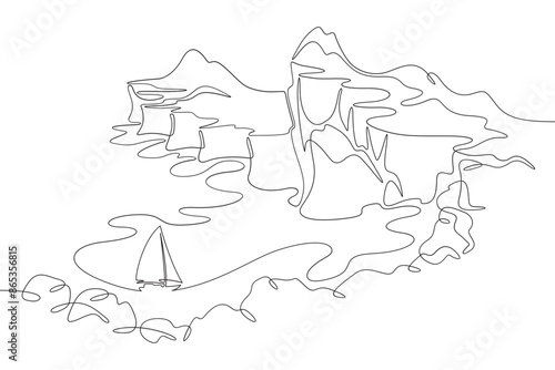 Cliff in the sea. Sea cliffs. Sailing yacht off the coast. Rocky shore. Bay in the ocean.One continuous line drawing on a white isolated background. Minimalism linear illustration.