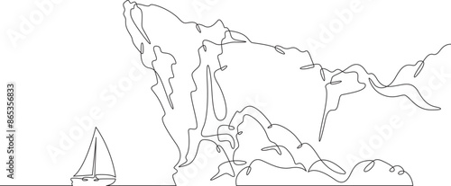 Cliff in the sea. Sea cliffs. Sailing yacht off the coast. Rocky shore. Bay in the ocean.One continuous line drawing on a white isolated background. Minimalism linear illustration.