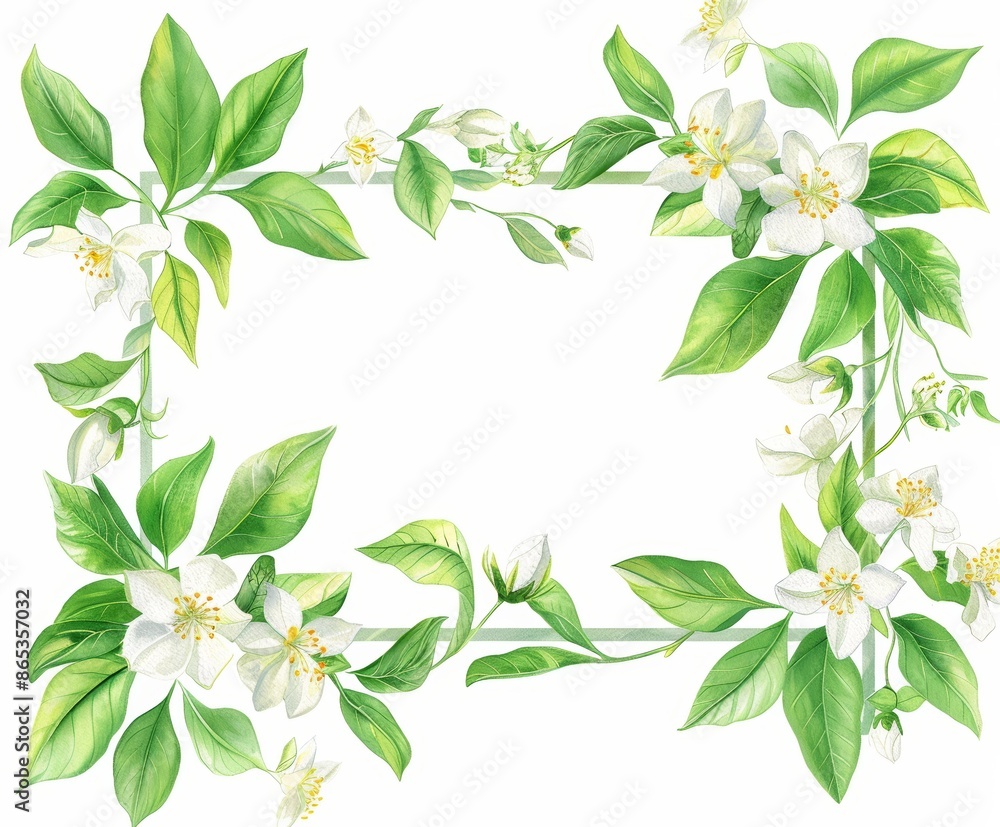 On a white background, an abstract watercolor frame depicts jasmine and mint branches. On a white background, an abstract watercolor frame depicts jasmine and mint branches.