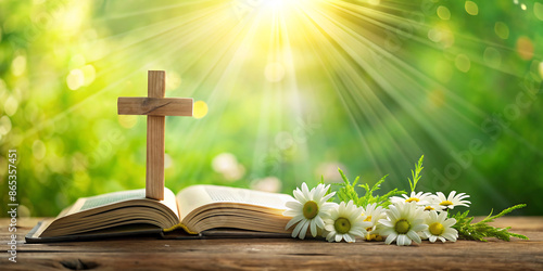 cross on an open bible with a bright background light