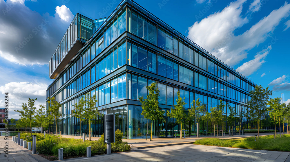 Modern glass office building exterior with green landscaping on a sunny day. Concepts. corporate architecture, business, sustainability, commercial real estate Modern glass office building exterior with green landscaping on a sunny day. Concepts. corporate architecture, business, sustainability, commercial real estate