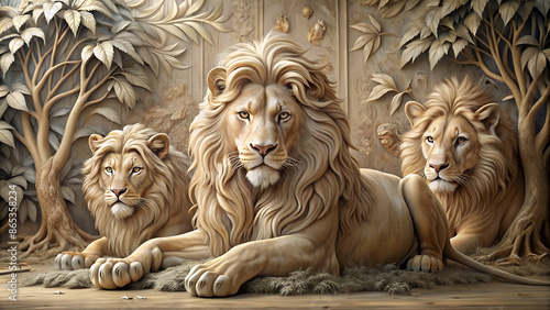 Beautiful Lions 3d relief wallpaper. Mural wallpaper. Wall art. AI-generated 