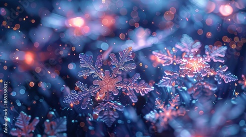 Vibrant rainbow iridescent Christmas snowflakes with soft metallic light glowing in dark backdrop © Tatsiana