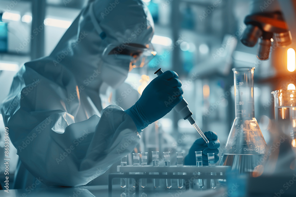 Research Scientist Using Pipette in Modern Laboratory with Protective Gear Research Scientist Using Pipette in Modern Laboratory with Protective Gear