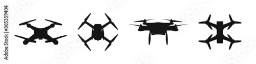 Fpv drone vector silhouette icons. Quadrocopter air drones icon set.